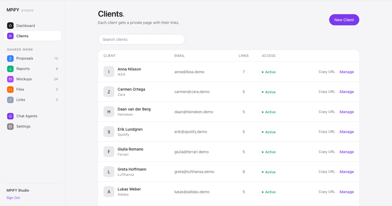 Client portal, a screen from the working demo