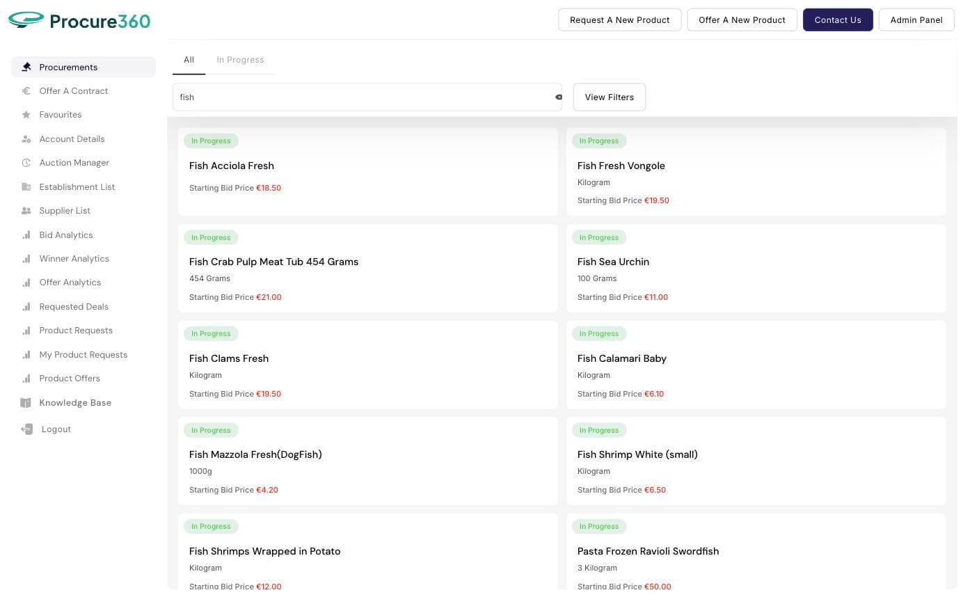The Procure-360 procurement list, showing fish lines open for bidding with their unit and starting bid price