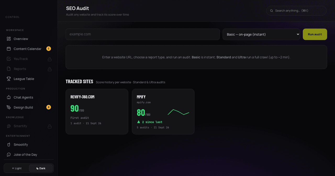 Technical SEO audit, a screen from the working demo